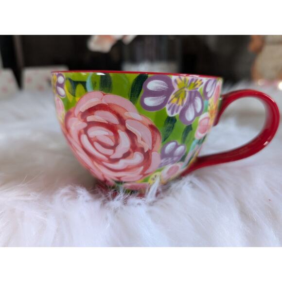 Potter's Studio Footed Coffee Red Mug with Beautiful Colorful Flowers New - Picture 6 of 9